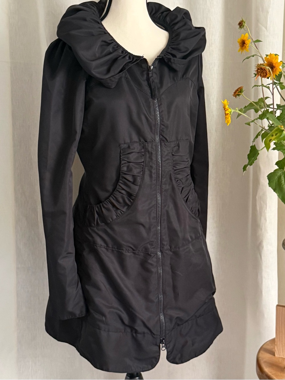 Prairie Underground Cloak Hood Jacket S Black Ruched Longline Windbreaker Trench